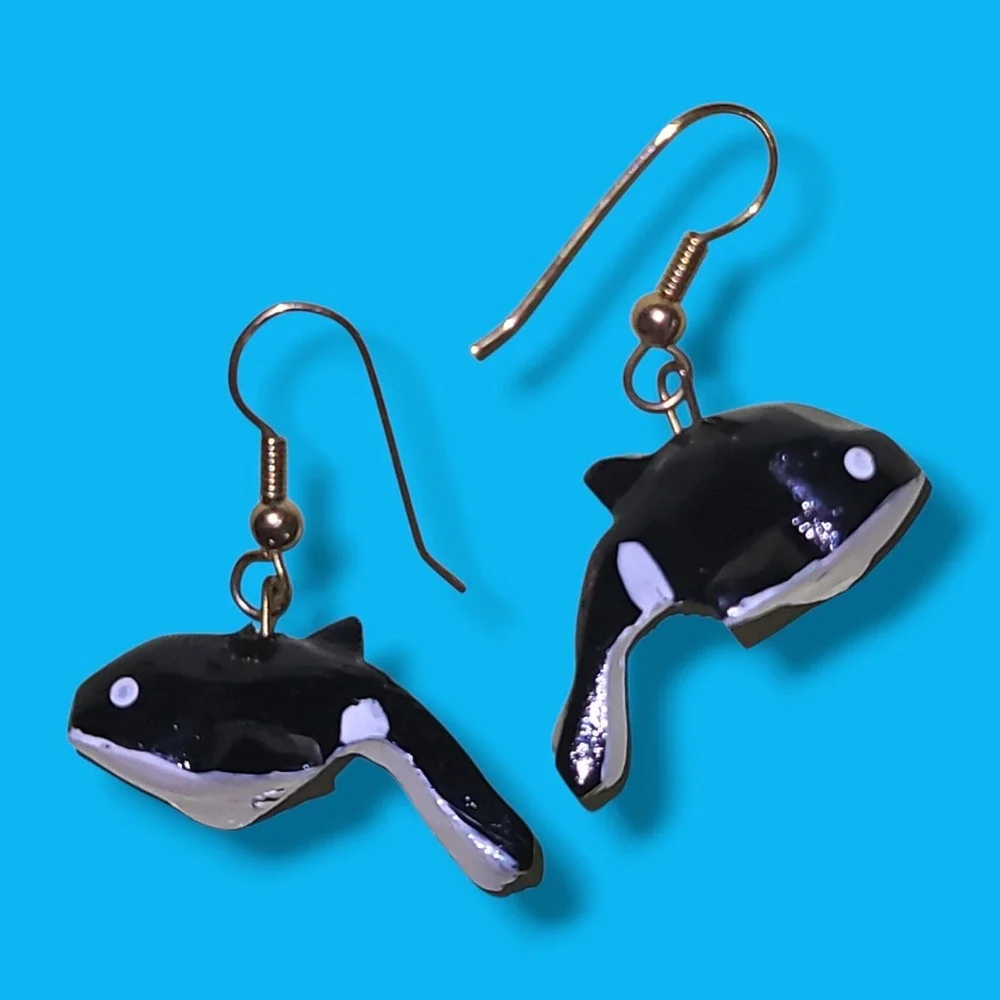 Vintage Handmade Wooden Orca Killer Whale Dangle Earrings